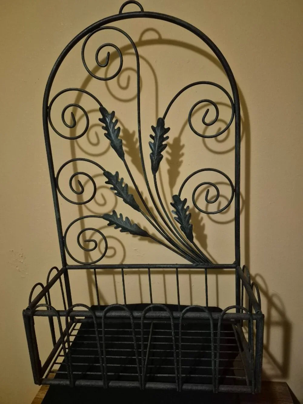 VINTAGE DARK GREEN WROUGHT IRON WALL-MOUNTED STORAGE BASKET